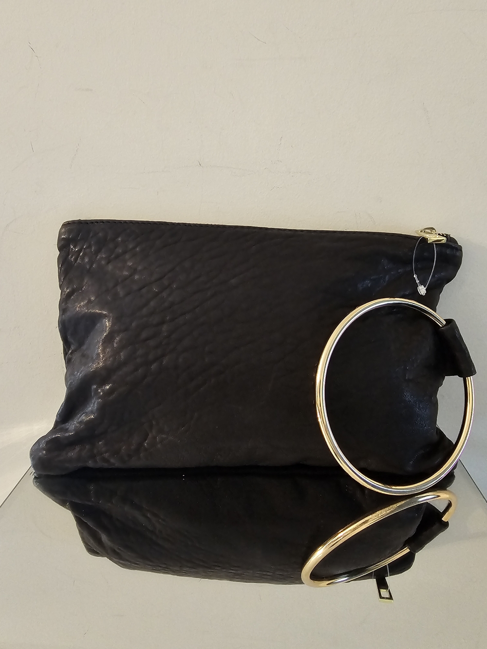 Costanza Rota Black Leather Hands Free Wristlet Clutch with Gold Ring Handle